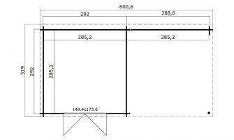 Plan au sol Abri Mouny, madriers 34mm - 8.13m² intérieur - appentis 8.13m²toiture 1 pente