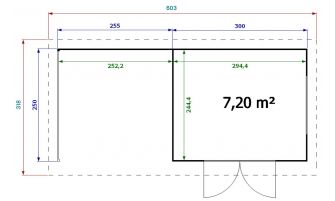 Plan au sol Abri de jardin avec auvent Sumatra 4, madriers 28mm, toit plat