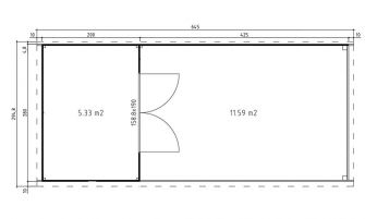 Plan au sol Abri de jardin avec auvent British, madriers 28mm, toit plat