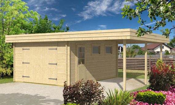 Garage bois en kit avec auvent Drôme madriers 44mm toit plat